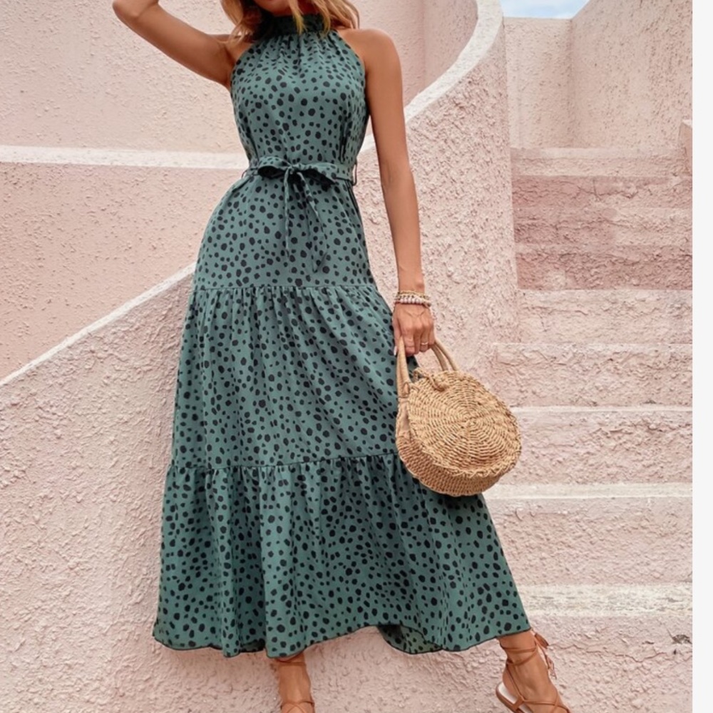 Boho Polka Dots Print Flounce Halter Belted Maxi Dress - Picture 3 of 12